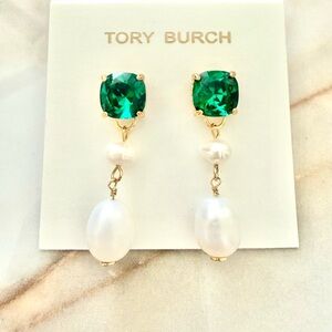 Tory Burch Emerald and Pearl Drop Earrings